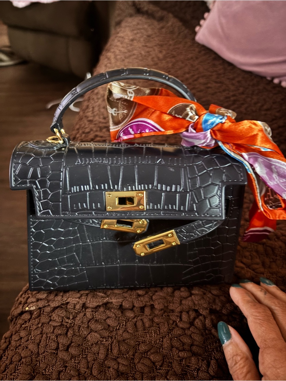 Top-Handle Black Croc-Embossed Women's Bag with Gold Hardware